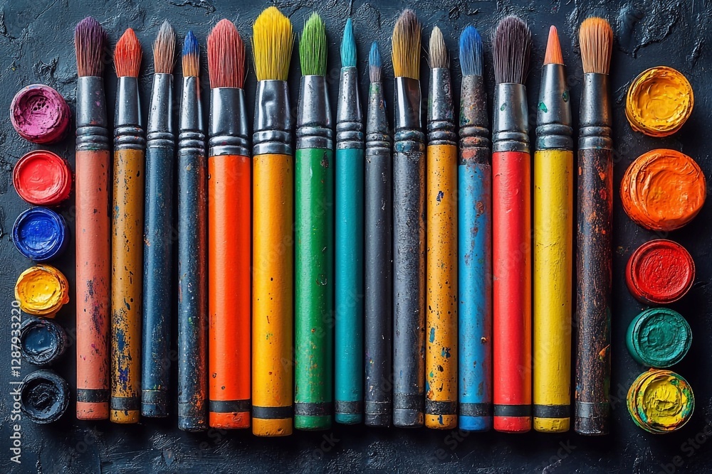 Fototapeta premium Crayons against a background of various creative tools: paints, brushes, markers and others, emphasizing the multifaceted nature of the creative process.