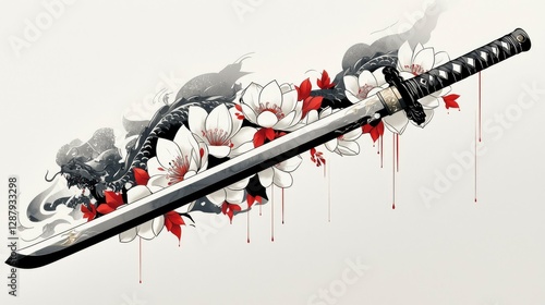 Katana Sword with Dragon and Magnolia Flowers Japanese Art Design