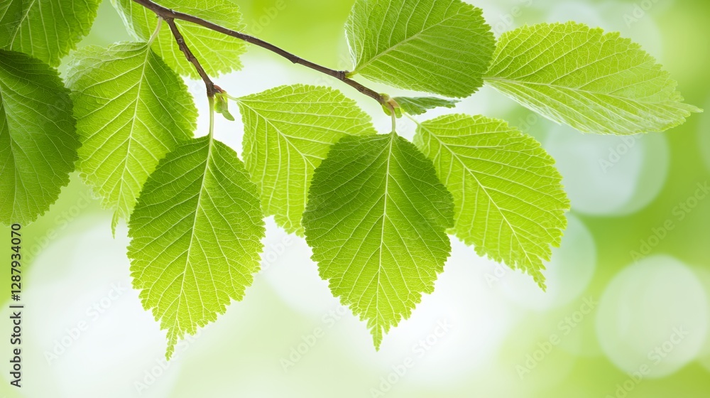 Fototapeta premium Bright Green Leaves on Branch Close Up