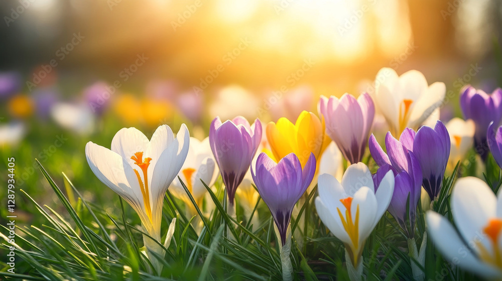 Colorful crocuses blooming in sunlight on green grass create vibrant spring scene Colorful crocuses blooming in sunlight on green grass create vibrant spring scene