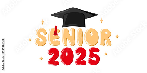 Senior 2025. Handwritten text with graduation cap. Template for design party high school or college, graduate invitations or banner. Vector illustration