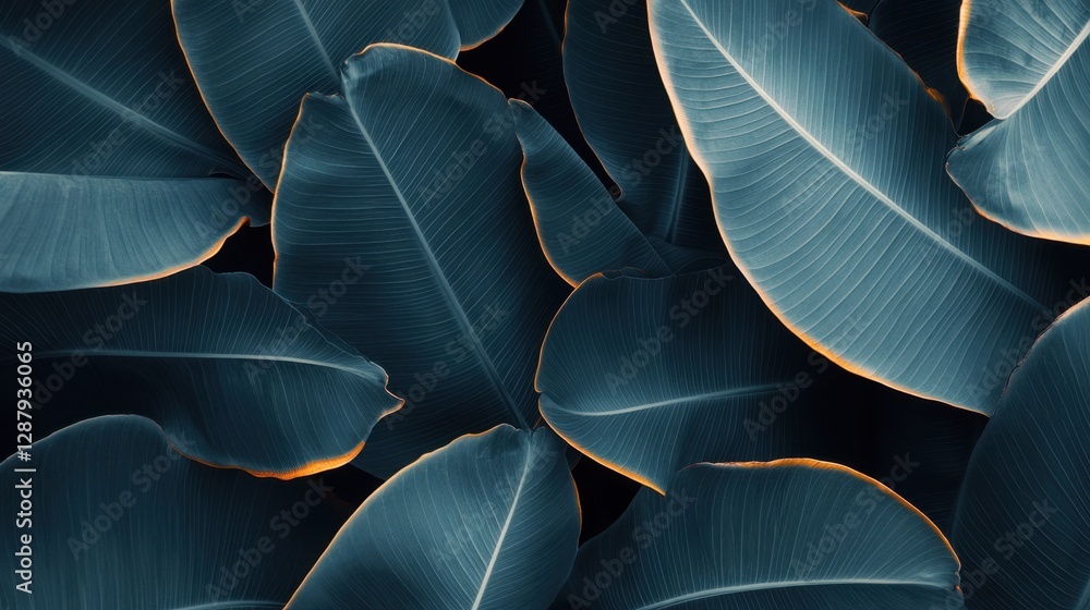 Fototapeta premium High-resolution close-up of banana leaves with intricate details, golden highlights, and soft shadows.