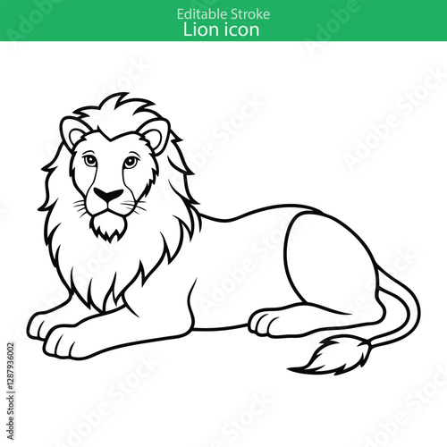 A simple line drawing of a lion lying down, facing forward. Black outline on white background. Editable stroke vector icon, perfect for coloring or design.