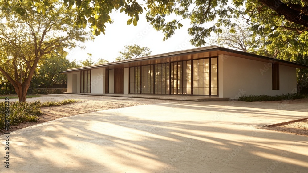 An empty wooden house structure sits amidst green trees in the park An empty wooden house structure sits amidst green trees in the park