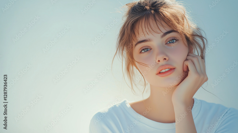 Serene Young Woman with Dreamy Expression in Soft Natural Light Serene Young Woman with Dreamy Expression in Soft Natural Light