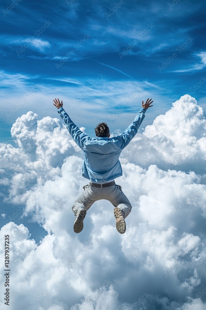 man in free flight against the background of white curly clouds in the blue sky with a feeling of freedom man in free flight against the background of white curly clouds in the blue sky with a feeling of freedom