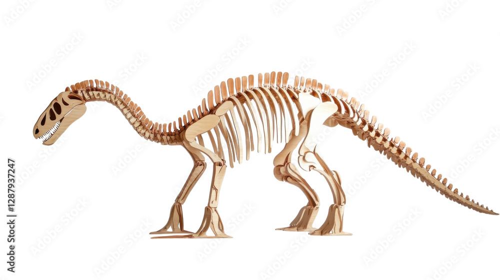 Skeleton model of a dinosaur showing detailed structure and anatomy in natural wood finish for educational purposes Skeleton model of a dinosaur showing detailed structure and anatomy in natural wood finish for educational purposes
