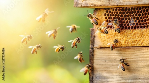 Busy Bees Collecting Nectar Near Beehive in Warm Sunshine