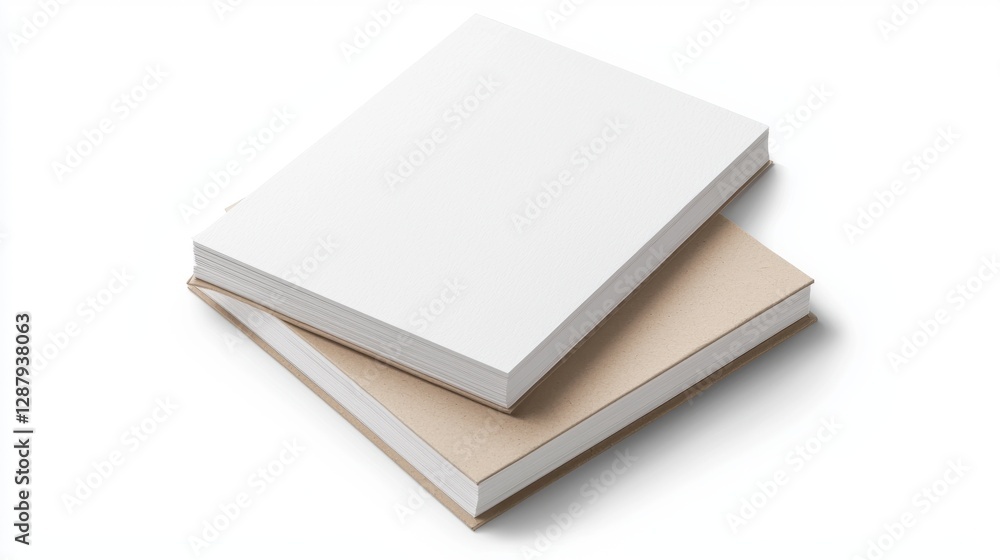 Blank white and beige books stacked on white background, ideal for mockup or design projects. Blank white and beige books stacked on white background, ideal for mockup or design projects.