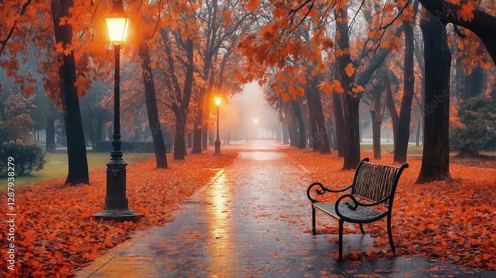 Naklejka premium Empty bench on a tree-lined path in autumn with glowing streetlights.