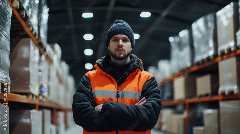Warehouse Worker in Orange Vest and Beanie Warehouse Worker in Orange Vest and Beanie