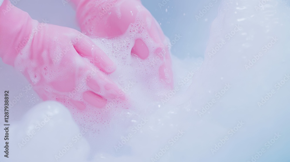 Fototapeta premium Cleaning routine with pink gloves and soapy water for household chores and hygiene