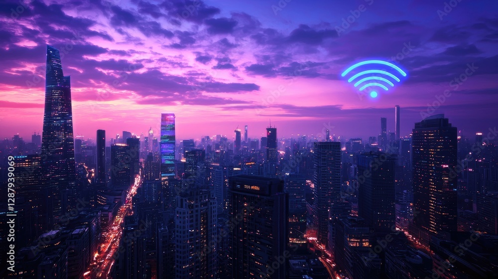 Fototapeta premium Urban Skyline with Wi-Fi Symbol and Vibrant Sunset Sky