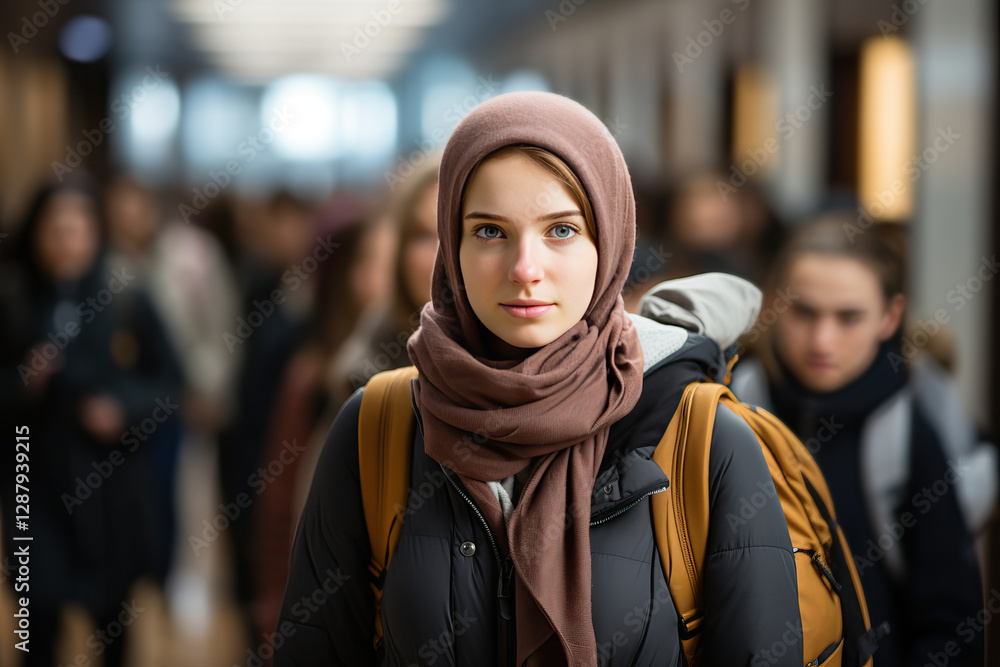 Portrait of high school students girl in a scarf before school in autumn. Portrait of high school students girl in a scarf before school in autumn.