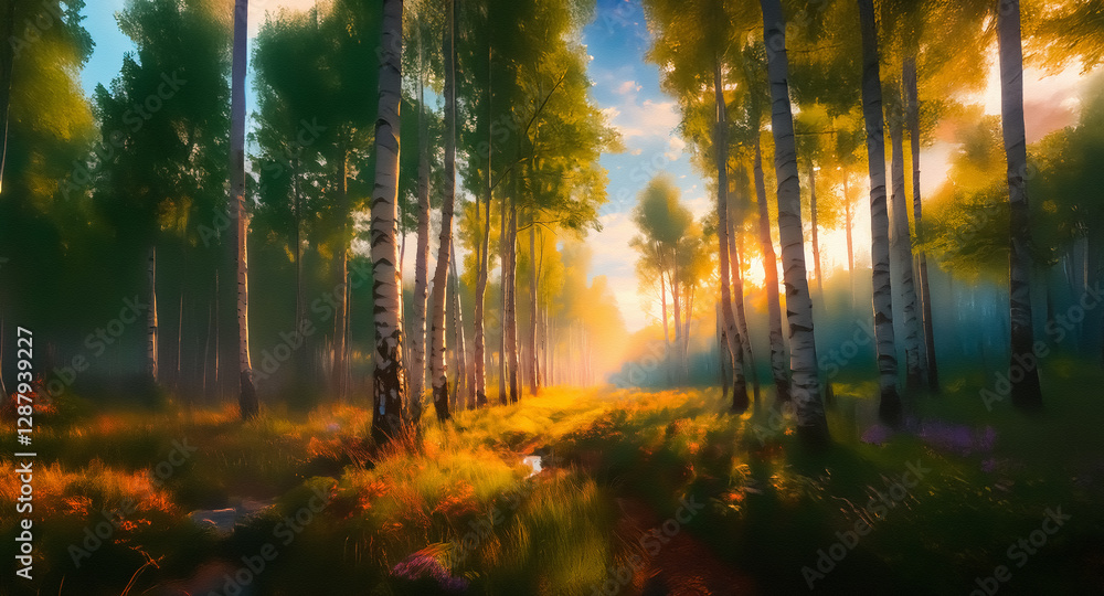 Fototapeta premium Sunlight streams through birch trees in a serene forest. Golden light illuminates the peaceful woodland path.