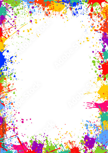 Hand painted border of rainbow coloured paint splatters 