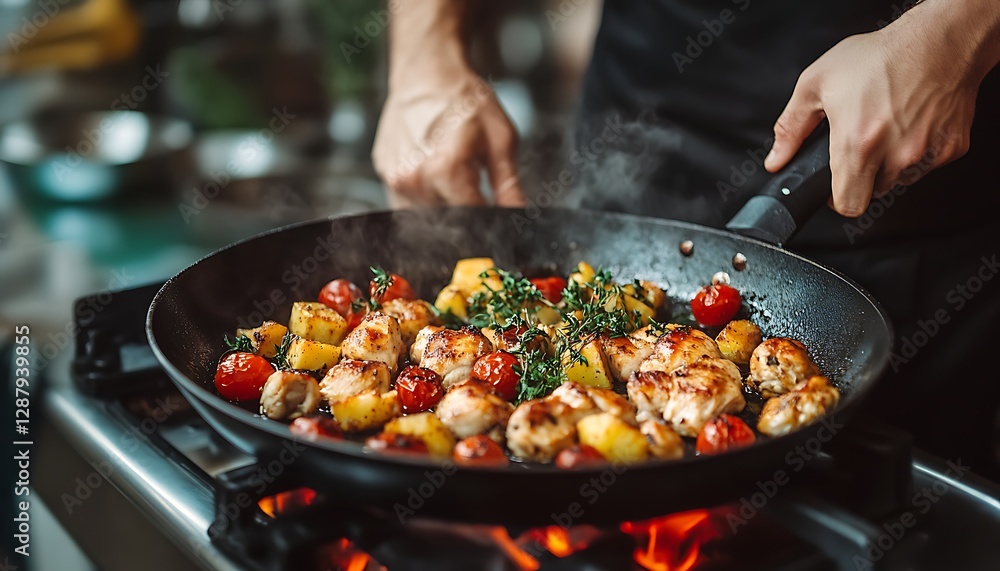 Chef cooking chicken, potatoes, and tomatoes in a pan in a kitchen Chef cooking chicken, potatoes, and tomatoes in a pan in a kitchen