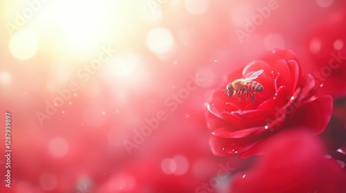 Bee pollinating on a vibrant red rose in sunlit garden atmosphere