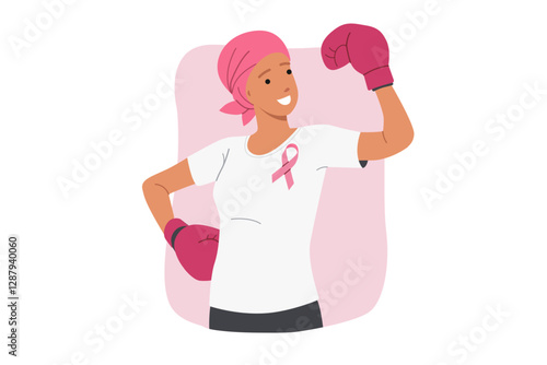 Woman who beat cancer with pink ribbon on chest symbolizing cancer awareness day. Girl urges not to give up and fight against incurable diseases with help of chemotherapy and medications