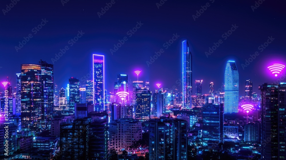 Nighttime Cityscape with Neon Lights and WiFi Signals Nighttime Cityscape with Neon Lights and WiFi Signals