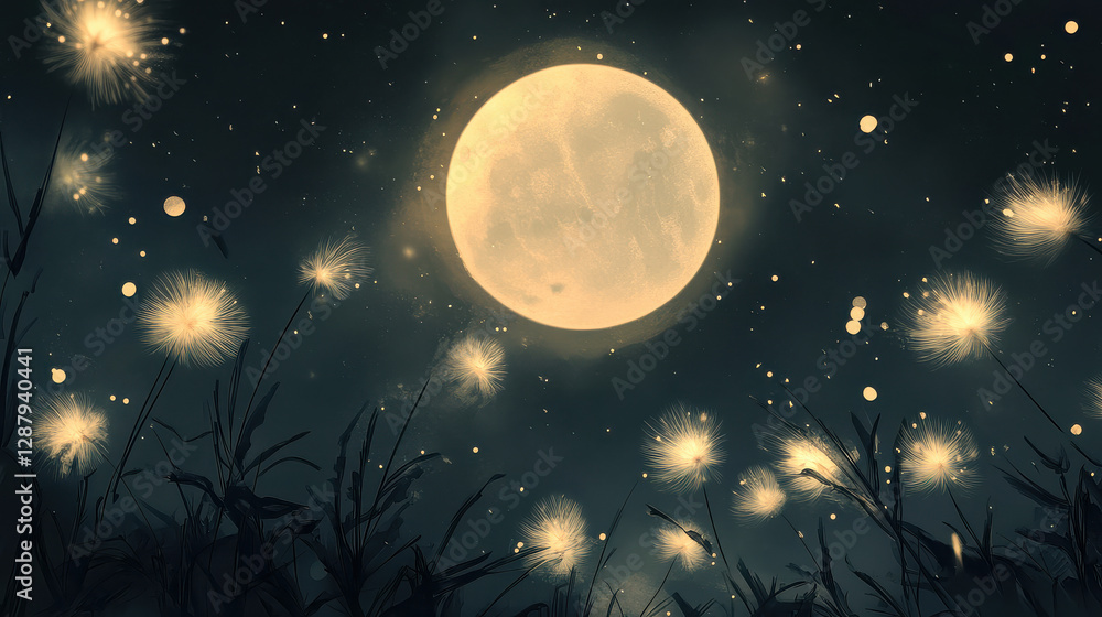 Fototapeta premium A captivating night illustration highlighting fluffy luminescent seed pods floating gently in the moonlit air