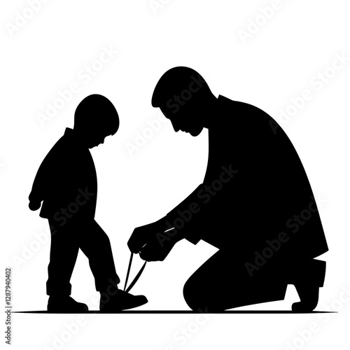 Silhouette of a father tying his child's shoelaces
