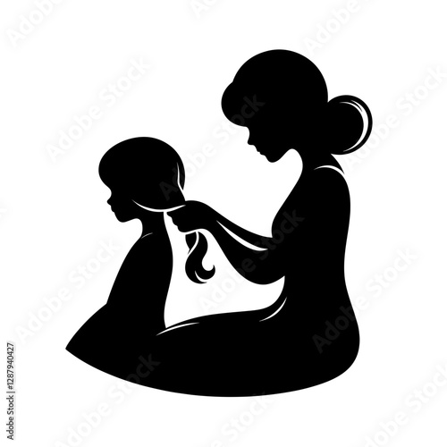 Silhouette of a mother braiding her daughter's hair