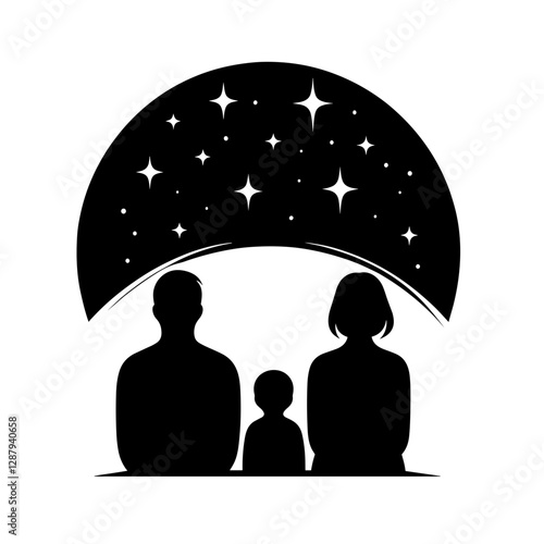 Silhouette of a family stargazing under the night sky