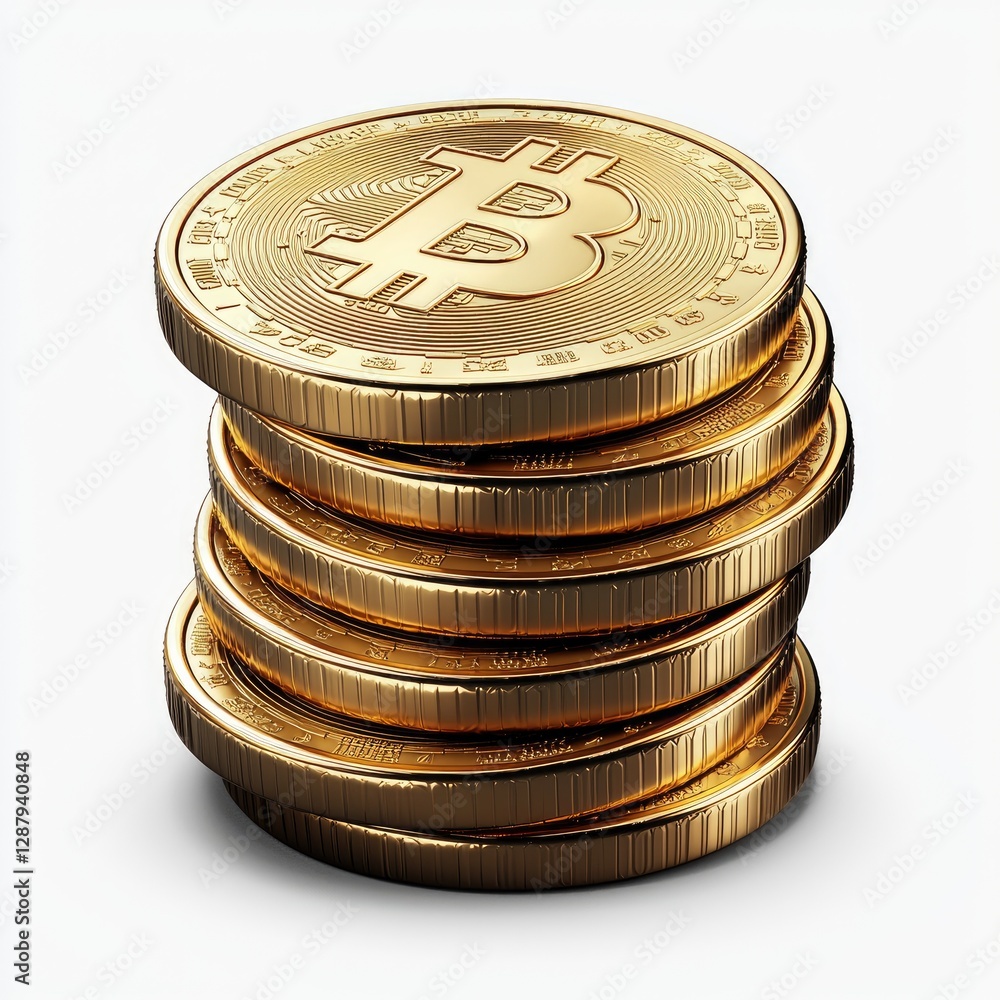 Stacked golden bitcoin coins against a white background Stacked golden bitcoin coins against a white background