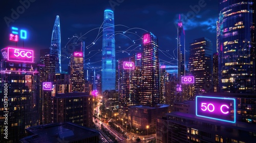 Wallpaper Mural Futuristic Cityscape at Night with Neon Lights and Technology Icons Torontodigital.ca