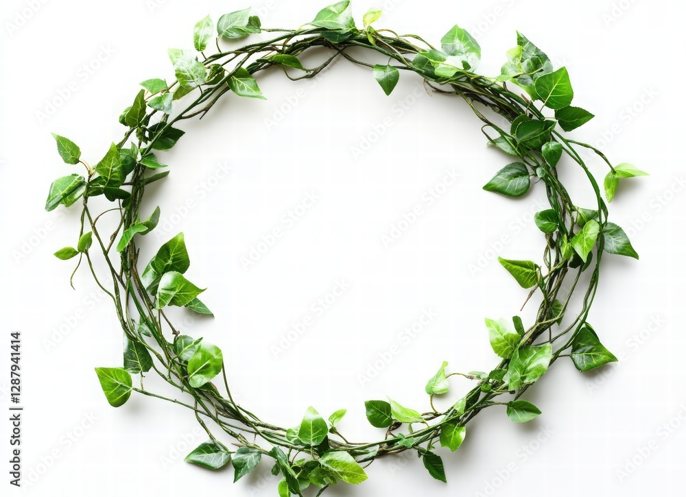 A circular wreath of green leaves and vines on a white background, top view. Isolated natural frame for text and design. circular green plant wreath decoration frame A circular wreath of green leaves and vines on a white background, top view. Isolated natural frame for text and design. circular green plant wreath decoration frame
