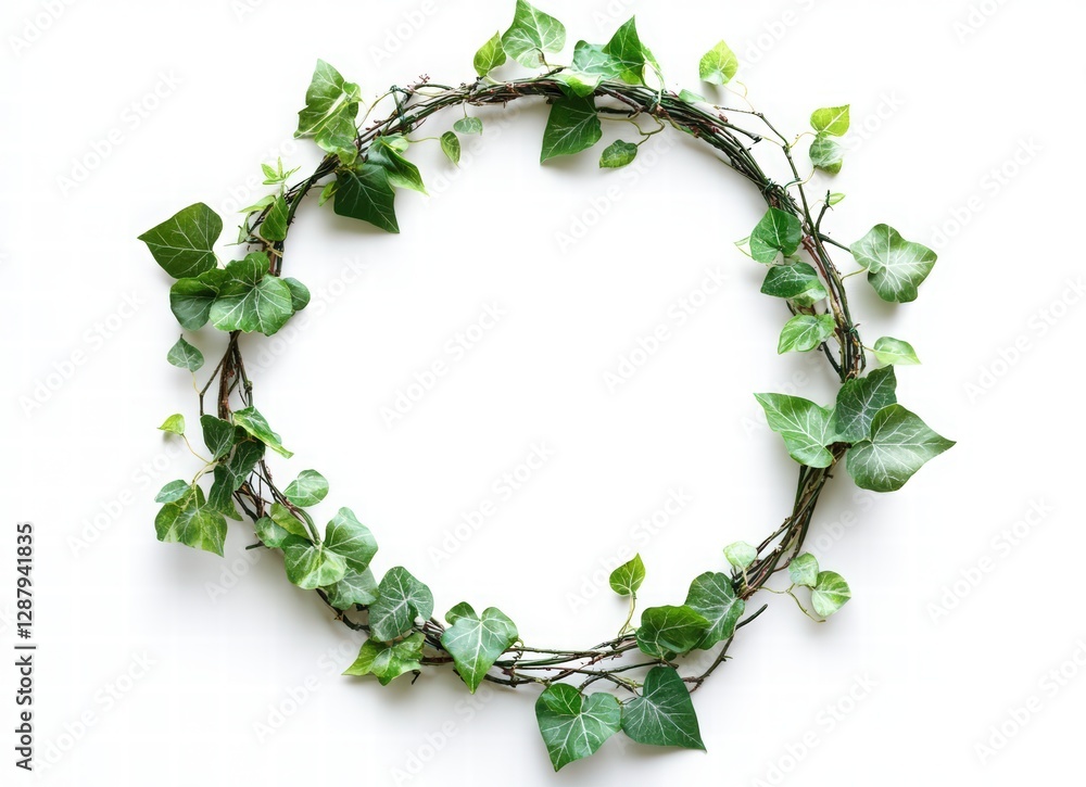 A circular wreath of green leaves and vines on a white background, top view. Isolated natural frame for text and design. circular green plant wreath decoration frame A circular wreath of green leaves and vines on a white background, top view. Isolated natural frame for text and design. circular green plant wreath decoration frame