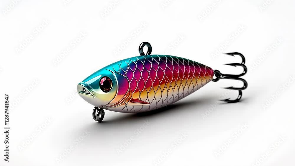 Colorful fishing lure with metallic finish and three-pronged hook on a clean white background Colorful fishing lure with metallic finish and three-pronged hook on a clean white background