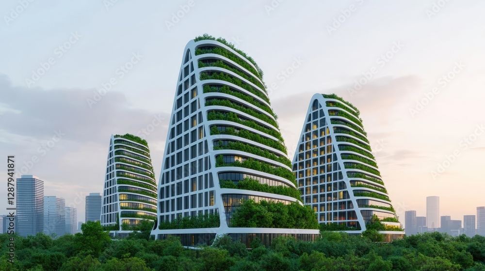 Earth day environmental idea. Modern eco-friendly buildings with lush greenery, showcasing innovative architecture. Earth day environmental idea. Modern eco-friendly buildings with lush greenery, showcasing innovative architecture.