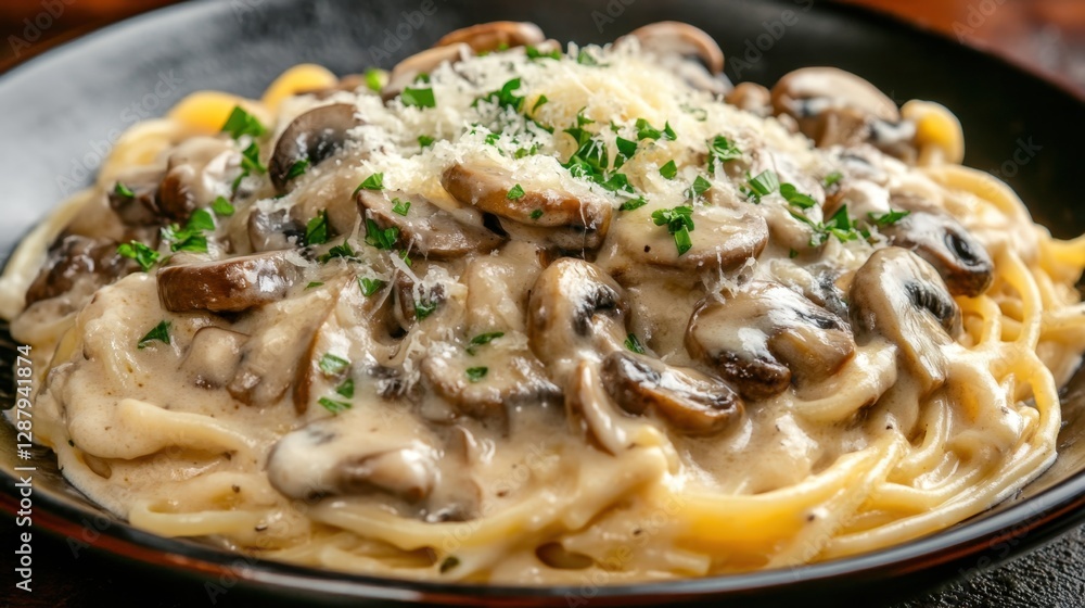 Gourmet pasta with champignon mushrooms, parmesan, and a creamy white sauce, plated on a textured dark background. Gourmet pasta with champignon mushrooms, parmesan, and a creamy white sauce, plated on a textured dark background.