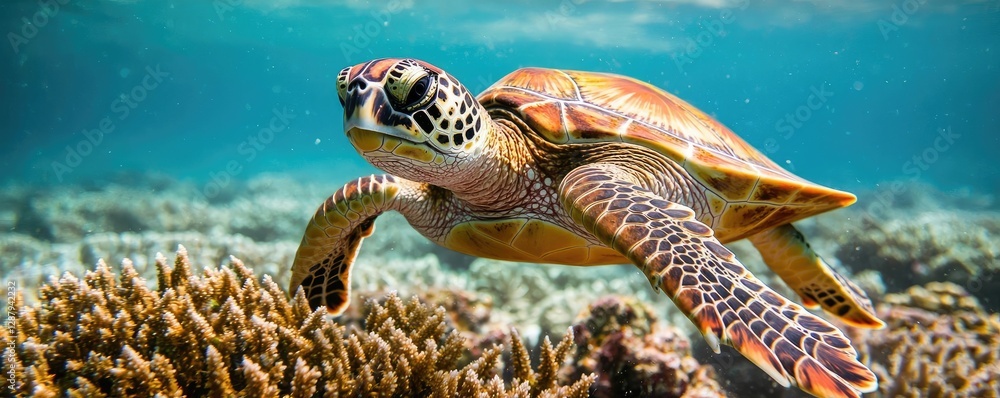Fototapeta premium Earth day environmental concept. A vibrant sea turtle gracefully gliding through crystal clear ocean waters.