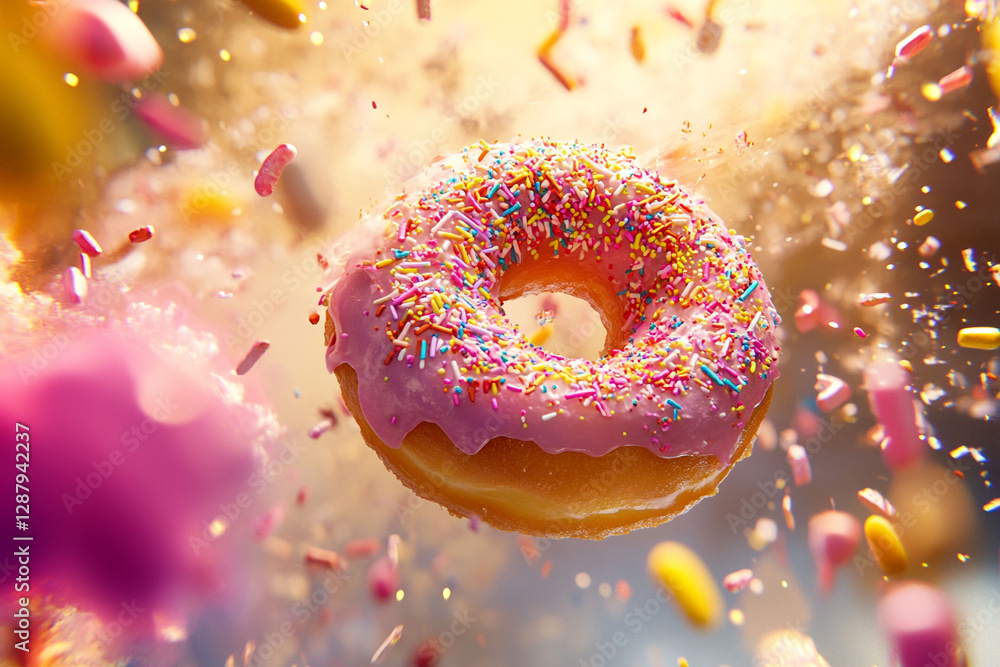 sprinkled donut flying with colorful confetti sweet treat celebration dessert image sprinkled donut flying with colorful confetti sweet treat celebration dessert image