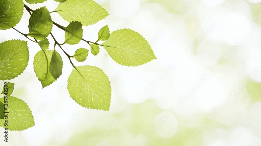 Bright Green Leaves on Branch Soft Light Bokeh Background Bright Green Leaves on Branch Soft Light Bokeh Background