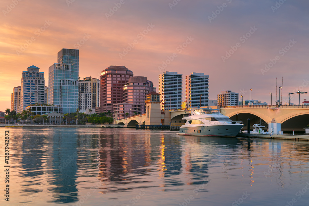 West Palm Beach, Florida, USA. Cityscape image of West Palm Beach, Florida with reflection of the city skyline in the water at beautiful sunset.