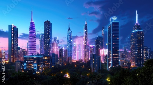 Wallpaper Mural Vibrant City Skyline at Dusk with Colorful Neon Lights and Towers Torontodigital.ca