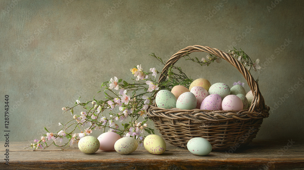 charming countryside Easter scene with basket of pastel eggs