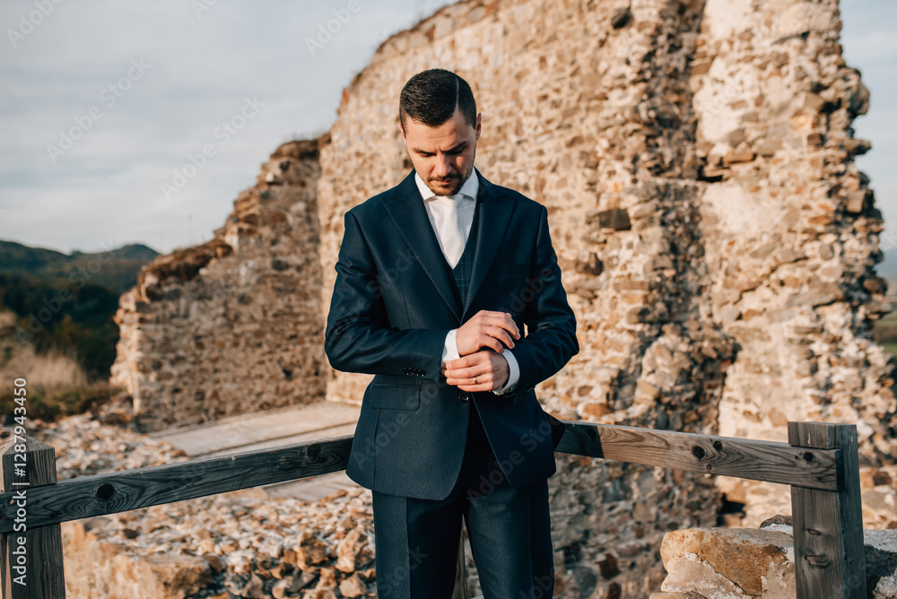 Portrait of groom adjusting his sleeve, wearing a wedding ring. Portrait of groom adjusting his sleeve, wearing a wedding ring.