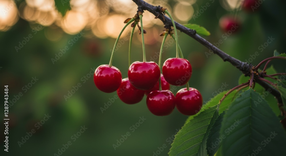 Captivating close-up of ripe red cherries in golden evening light, orchard Captivating close-up of ripe red cherries in golden evening light, orchard