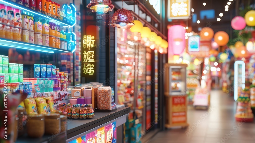 Fototapeta premium Colorful Asian Market Aisle with Bright Neon Signs and Products