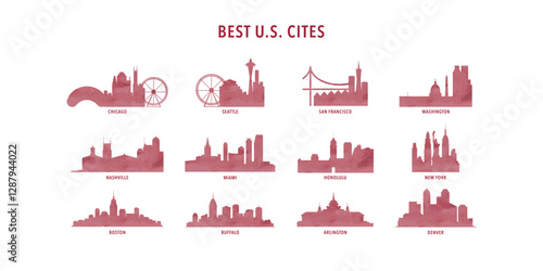 Best USA cities to live - logo, icon collection with skylines of Honolulu, Seattle, Washington, Chicago, Boston, Miami, San Francisco, Nashville, Denver, New York. Red watercolor style