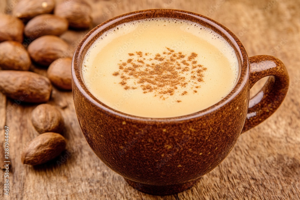Fototapeta premium Creamy Coffee Beverage In Rustic Mug With Nuts