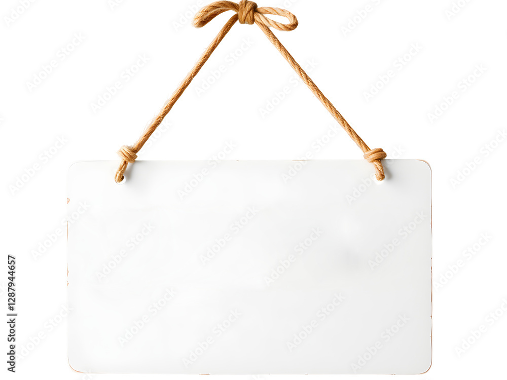 A blank white wooden sign hanging from a rope, ready for your message A blank white wooden sign hanging from a rope, ready for your message