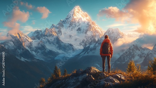 Person in Red Jacket on Rocky Outcrop Gazing at Snow Capped Mountain at Sunset