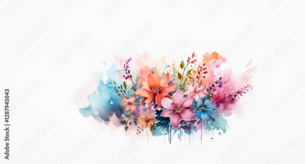 Naklejka premium A vibrant splash of watercolor flowers in soft pastel hues creates a delicate and artistic floral arrangement against a clean white backdrop.