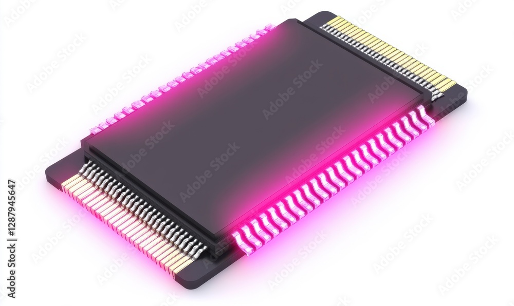 A close-up view of a glowing microchip with vibrant pink lighting, showcasing intricate details A close-up view of a glowing microchip with vibrant pink lighting, showcasing intricate details